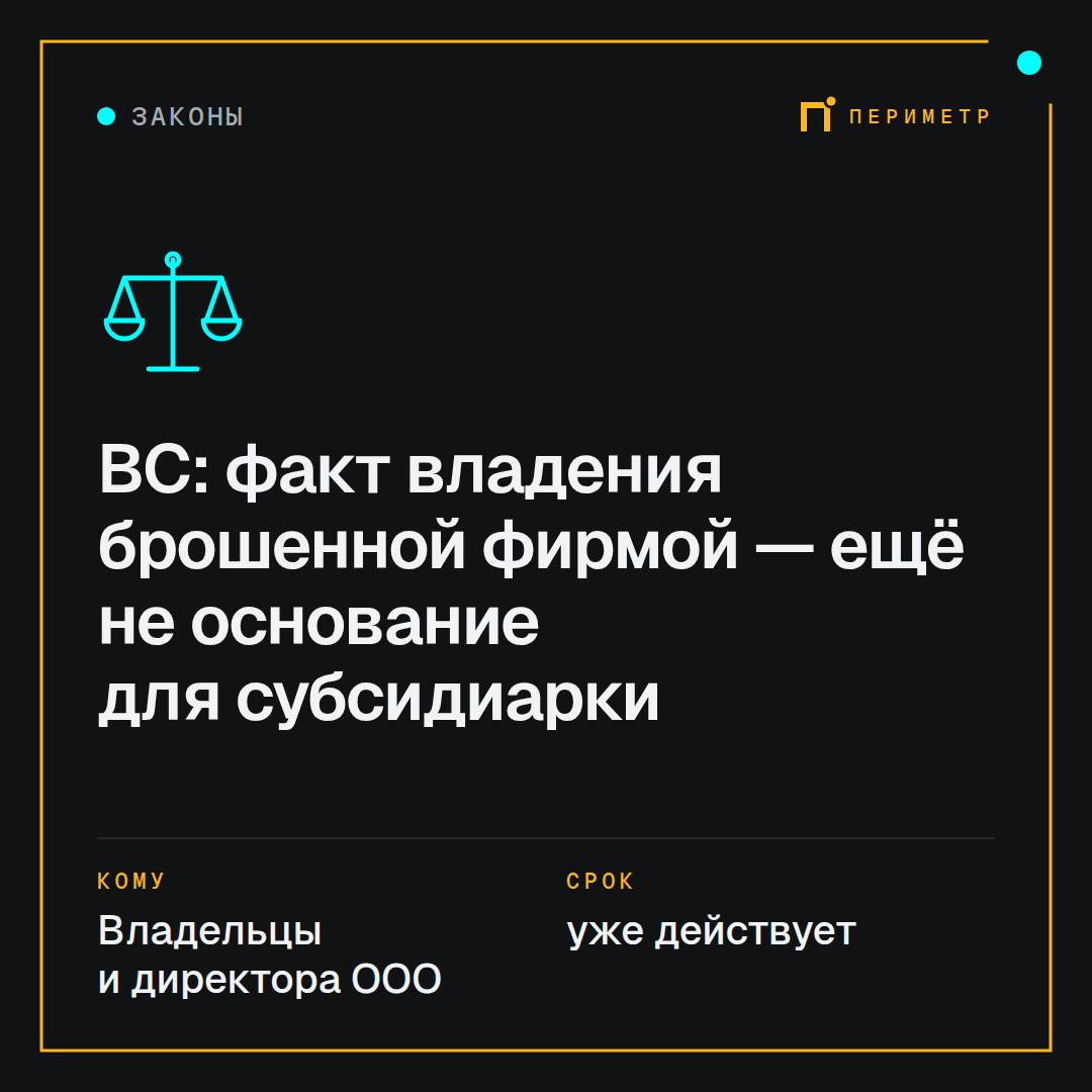 ВС: факт владения брошенной фирмой — ещё не основание для субсидиарки